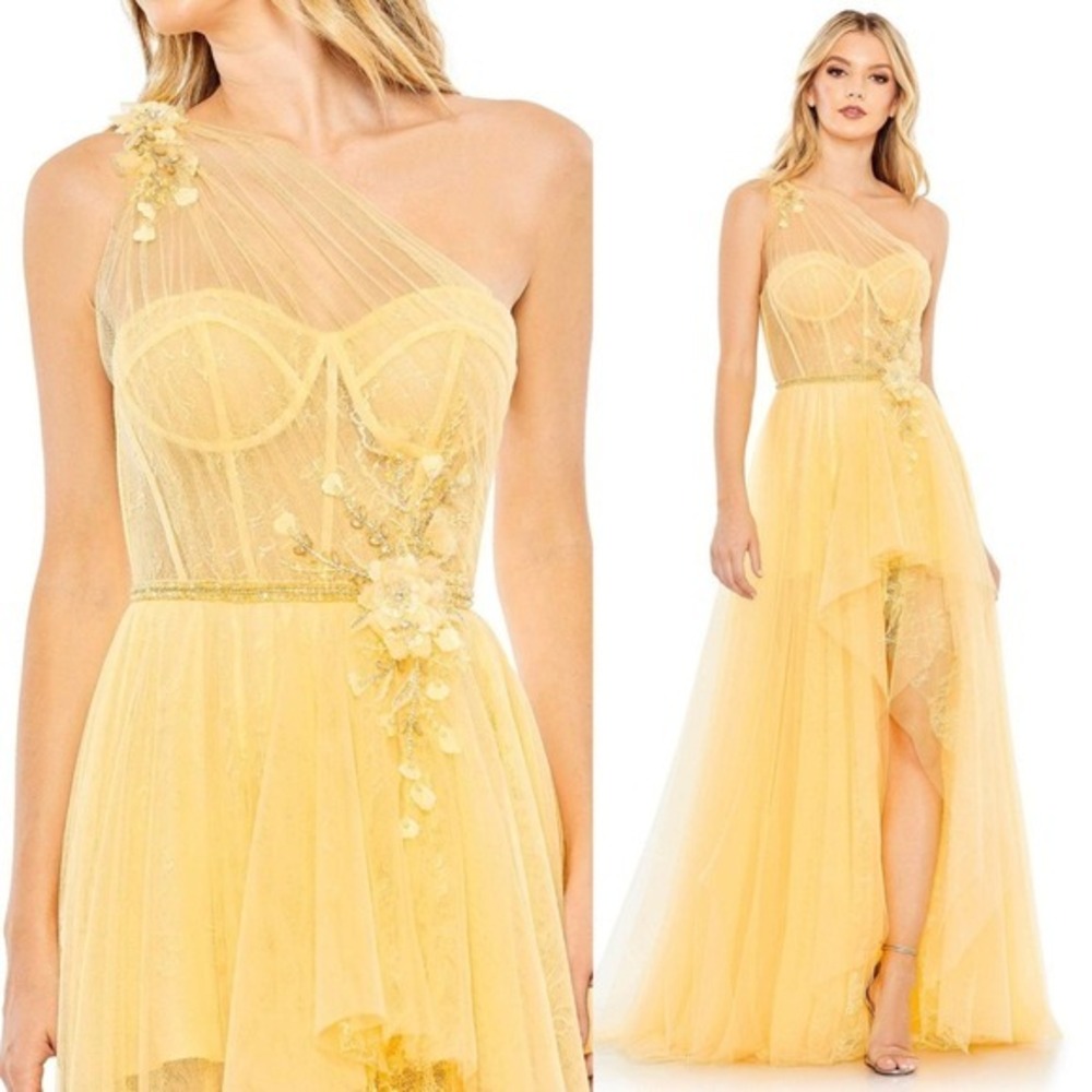 Mac Duggal NEW Embellished Tulle One Shoulder High Low Gown in Lemon $698 Size 4